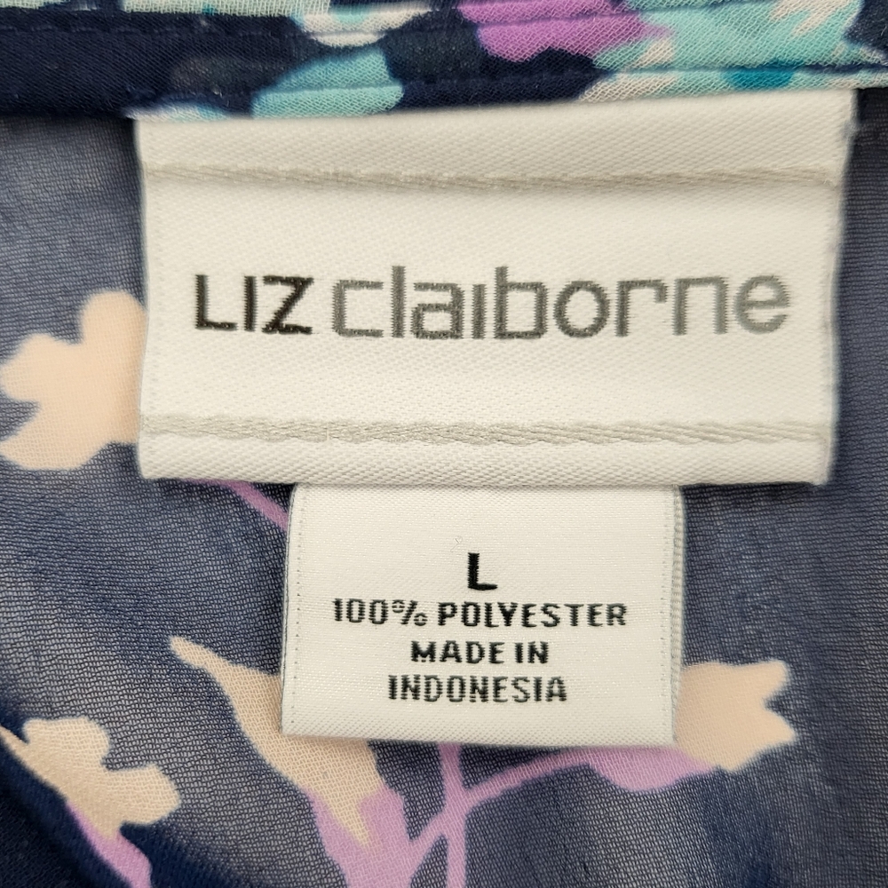 Liz Claiborne Blouse Sz Lg Blue Floral V-Neck Sleeveless Casual Sheer W/tank Top - Picture 3 of 7